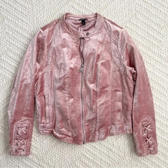torrid Jackets & Blazers - Torrid Velvet Lace-Up Sleeve Moto Jacket in Pink Size 2